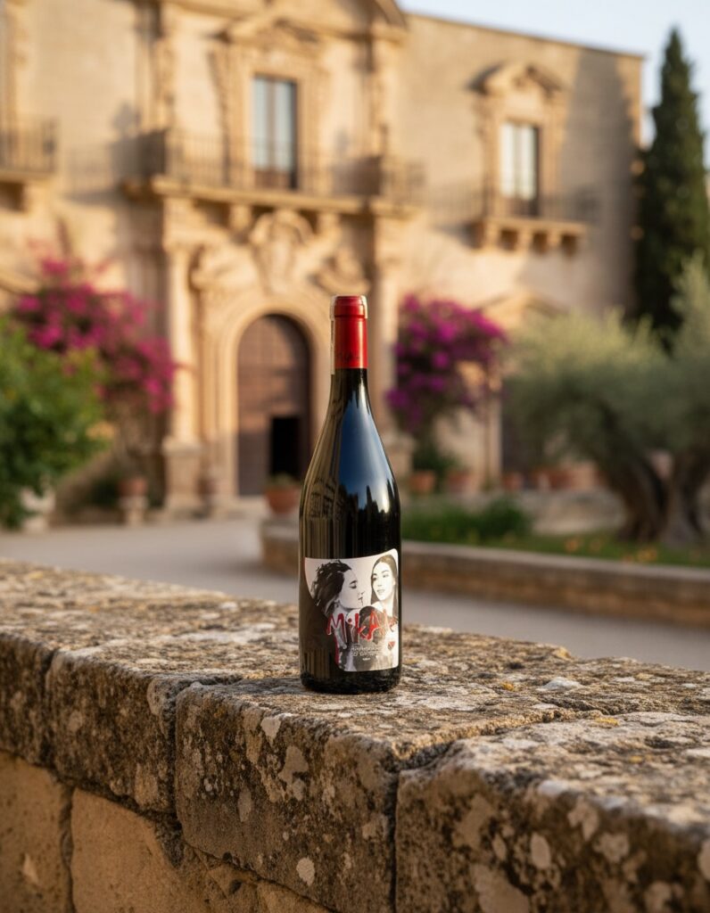 Bottiglia di Cerasuolo di Vittoria DOCG della cantina Mikale su sfondo di una antica villa sicilliana