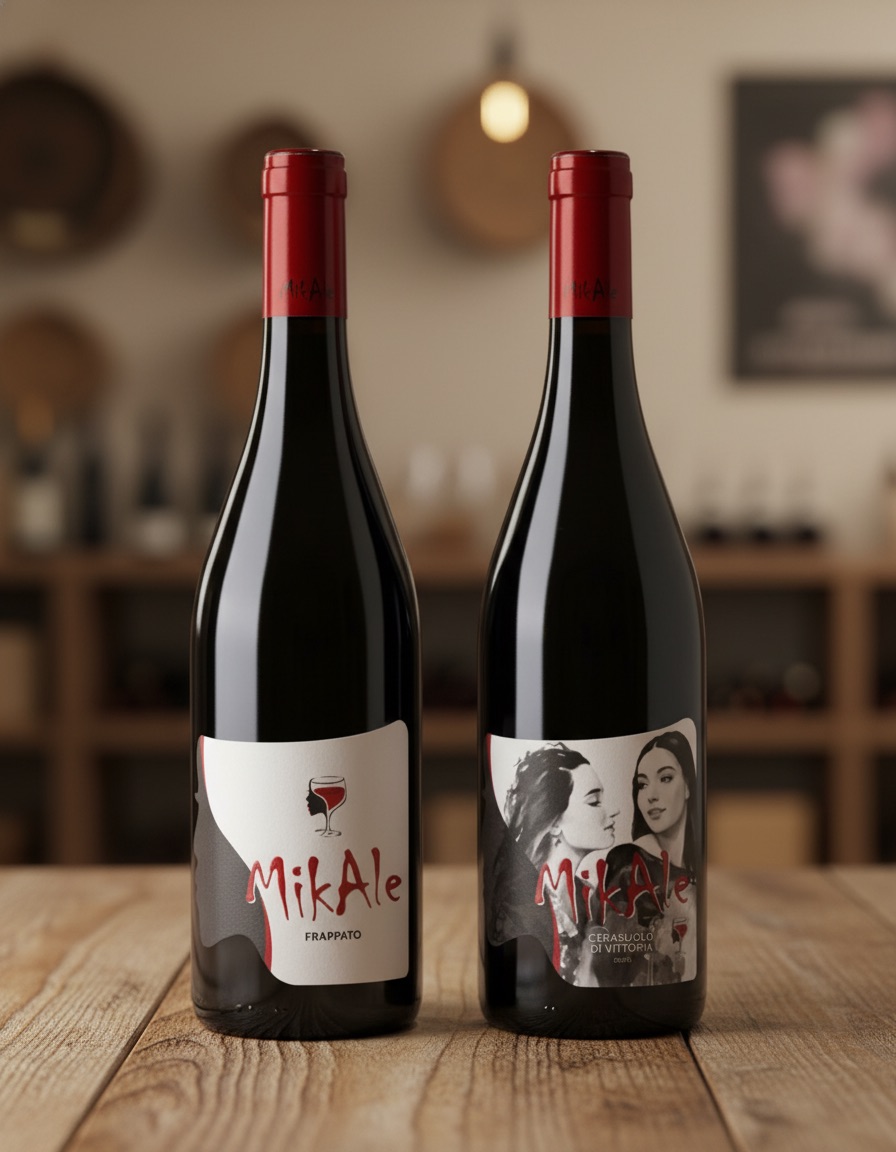 Bottiglia di Cerasuolo di Vittoria DOCG e bottiglia di Frappato DOC della cantina Mikale su sfondo neutro.