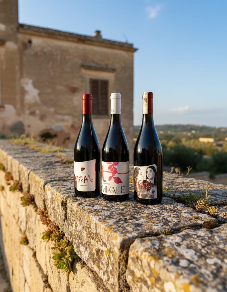 Bottiglia di Cerasuolo di Vittoria DOCG, bottiglia di Frappato DOC e bottiglia di VIORA rosato di frappato  della cantina Mikale su un muretto di pietra antica.